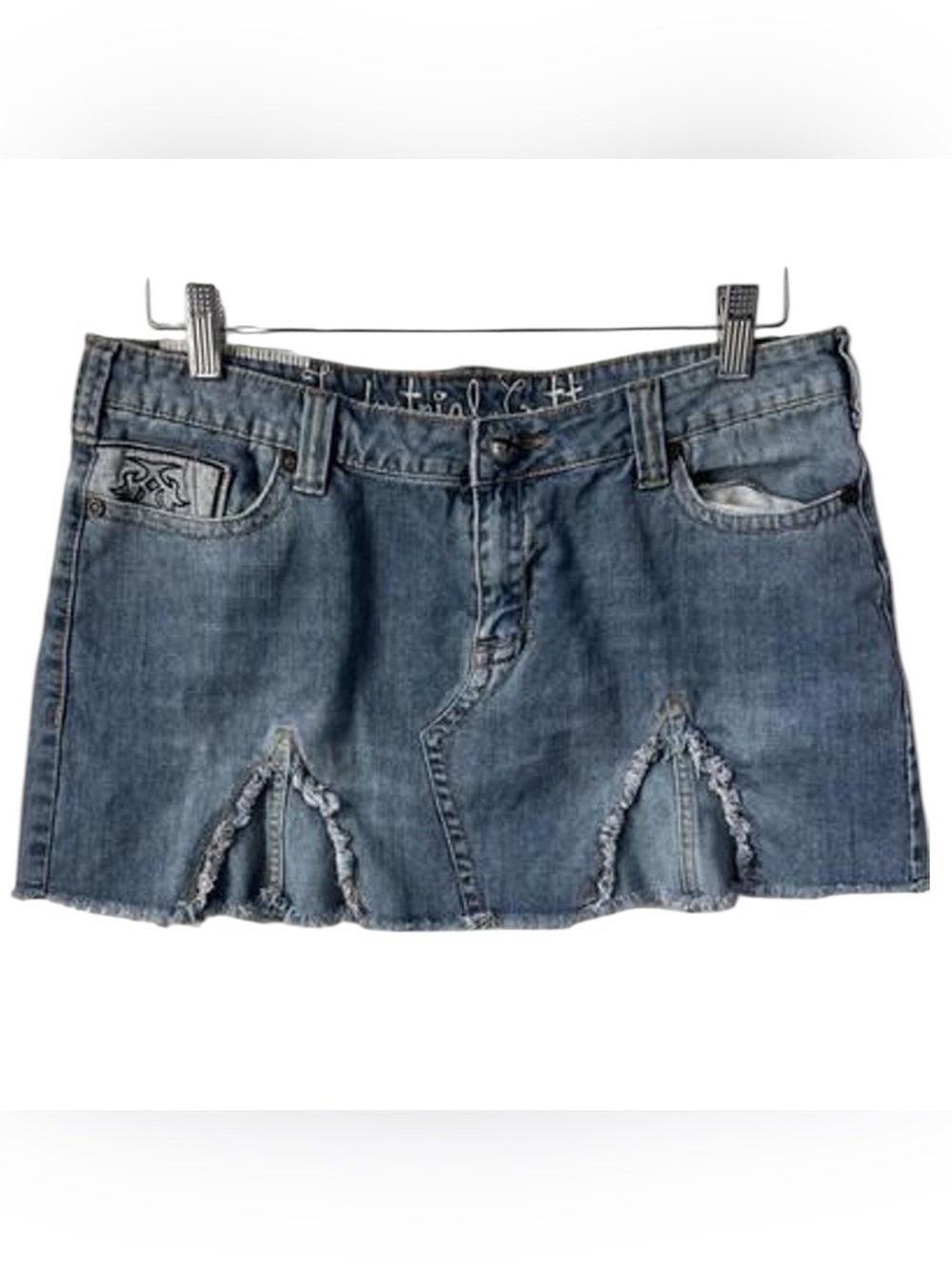 Industrial Cotton Y2K Distressed Denim Mini Skirt Embroidered Pockets Size 11